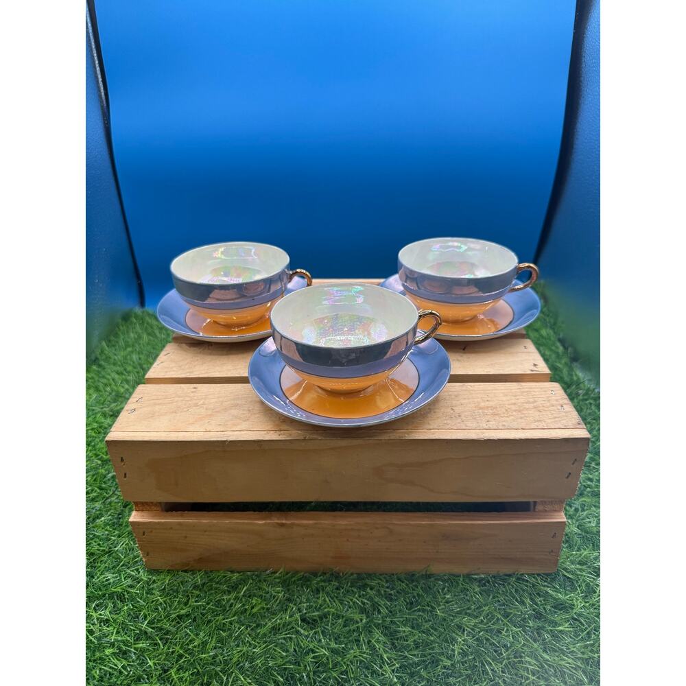 Vintage Hand Painted Lusterware Teacups and Saucers Blue Peach Iridescent-Set 3